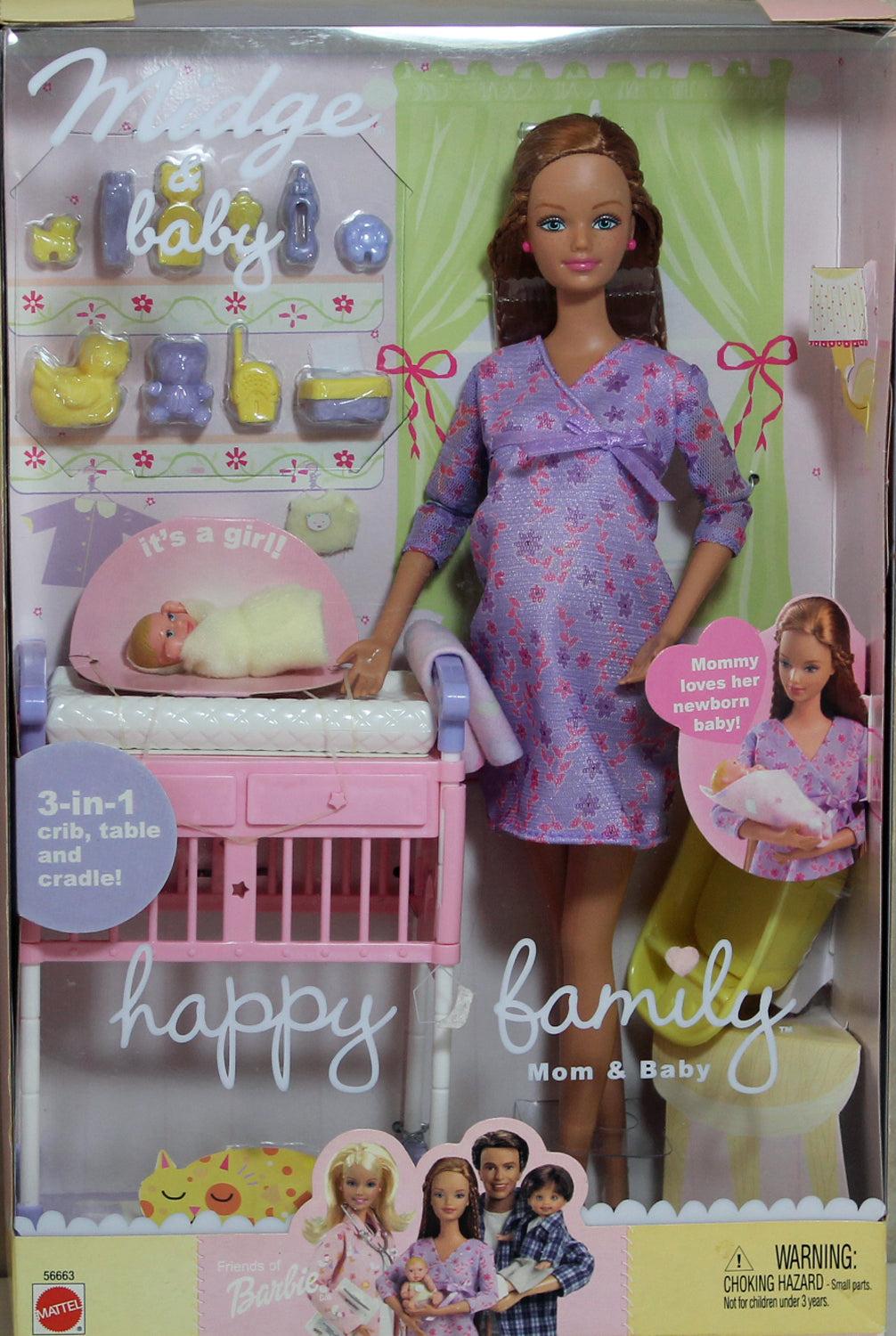 Happy Family Midge Barbie Pregnant Mattel 2002 With Baby and Baby Bed  Vintage 